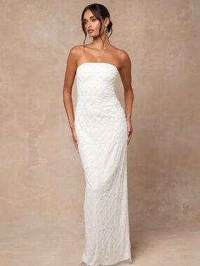 Lulu's White Strapless Beaded Column Gown